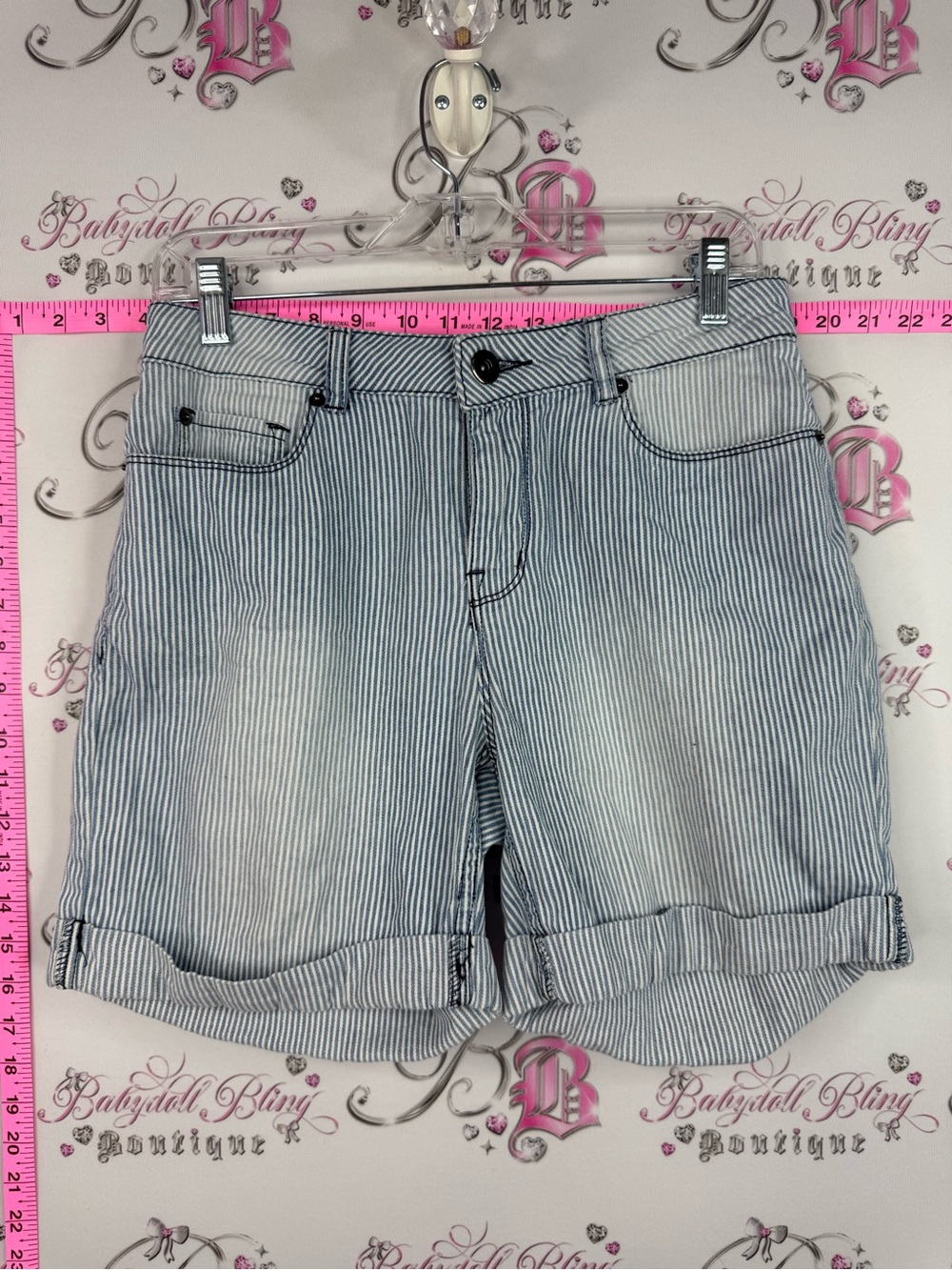 Tribal Blue and White Pinstripe Roll-Cuff Jean Shorts